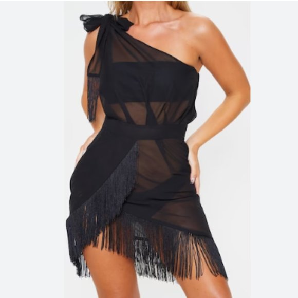 PrettyLittleThing Other - Pretty Little Thing Asymmetric Fringe Beach Dress, Women's Size 16 - Black